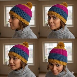 Handmade Crochet Beanie Hat Pom Pom Winter Warm Colorful Adult‎ One Size